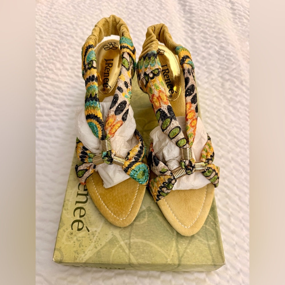 J.Renee Women's Sandals Heels Yolanda Yellow Lime Multi Eyelet Fabric Dressy NWT - Picture 1 of 16